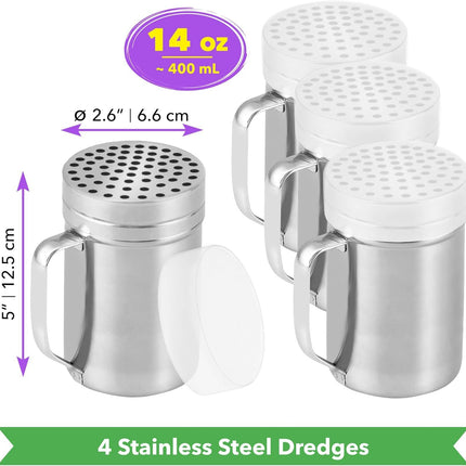 [4-pcs] 14 oz Metal Parmesan Cheese Shakers (Large Holes) + [1-pc] 10 oz Stainless Steel Salt Pepper Dredge Shaker - with Plastic Caps & Handles Bundle