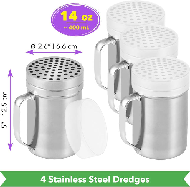 4-pcs 14 oz Metal Parmesan Cheese Shakers (Large Holes) Plus 1-pc 10 oz Stainless Steel Salt Pepper Dredge – product detail
