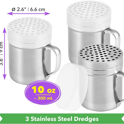 [3-pcs] 10 oz Metal Parmesan Cheese Shakers (Large Holes) + [1-pc] 10 oz Stainless Steel Salt Pepper Dredge Shaker - with Plastic Caps & Handles Bundle