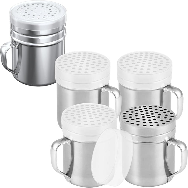 4-pcs 10 oz Metal Parmesan Cheese Shakers (Large Holes) Plus 1-pc 10 oz Stainless Steel Salt Pepper Dredge