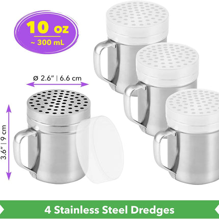 [4-pcs] 10 oz Metal Parmesan Cheese Shakers (Large Holes) + [1-pc] 10 oz Stainless Steel Salt Pepper Dredge Shaker - with Plastic Caps & Handles Bundle