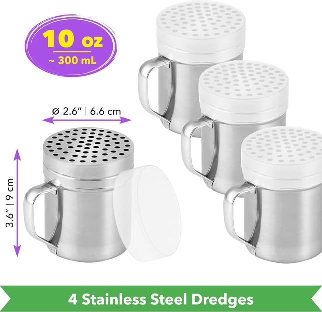 4-pcs 10 oz Metal Parmesan Cheese Shakers (Large Holes) Plus 1-pc 10 oz Stainless Steel Salt Pepper Dredge – product detail