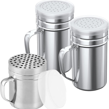 [1-pc] 10 oz Metal Parmesan Cheese Shaker (Large Holes) + [2-pcs] 14 oz Metal Salt Pepper Dredge Shakers - with Plastic Caps & Handles Bundle