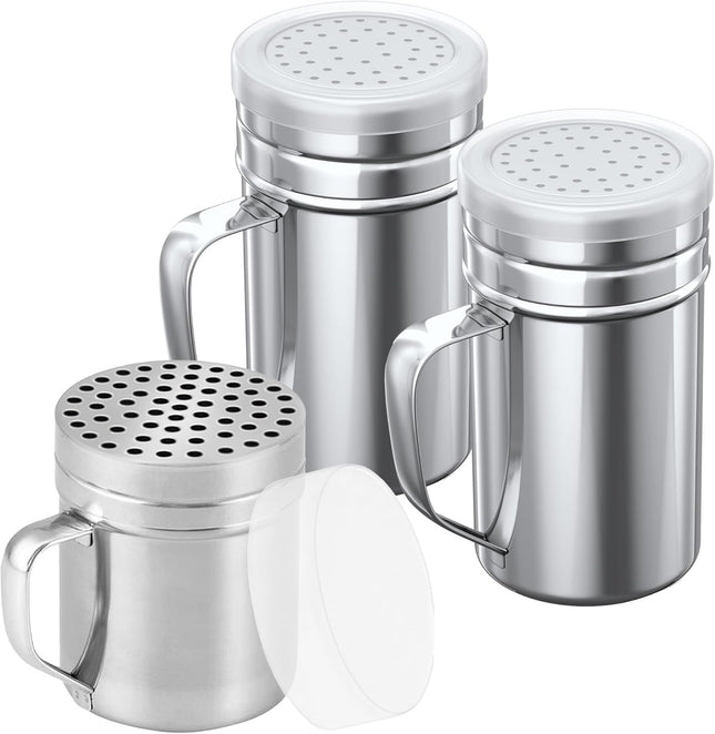 1-pc 10 oz Metal Parmesan Cheese Shaker (Large Holes) Plus 2-pcs 14 oz Metal Salt Pepper Dredge Shakers