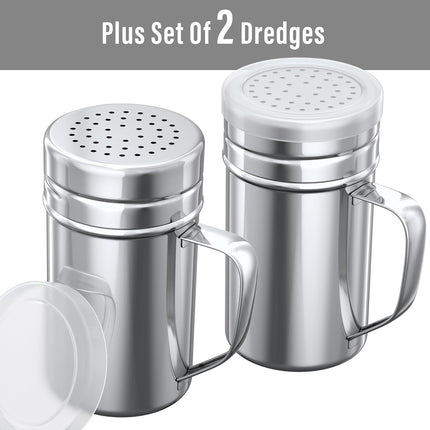 [1-pc] 10 oz Metal Parmesan Cheese Shaker (Large Holes) + [2-pcs] 14 oz Metal Salt Pepper Dredge Shakers - with Plastic Caps & Handles Bundle