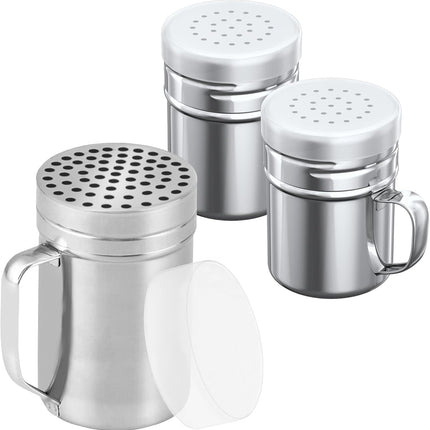[1-pc] 14 oz Metal Parmesan Cheese Shaker (Large Holes) + [2-pcs] 6 oz Metal Salt Pepper Dredge Shakers - with Plastic Caps & Handles Bundle