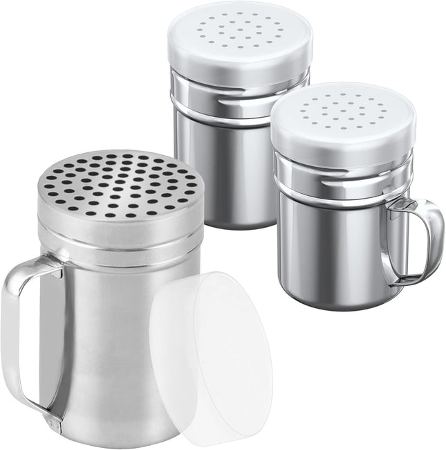 1-pc 14 oz Metal Parmesan Cheese Shaker (Large Holes) Plus 2-pcs 6 oz Metal Salt Pepper Dredge Shakers