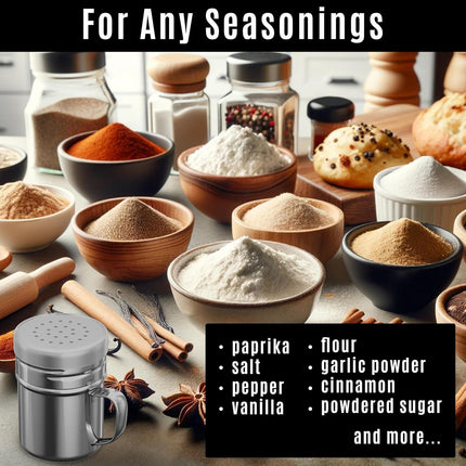 [1-pc] 14 oz Metal Parmesan Cheese Shaker (Large Holes) + [2-pcs] 6 oz Metal Salt Pepper Dredge Shakers - with Plastic Caps & Handles Bundle