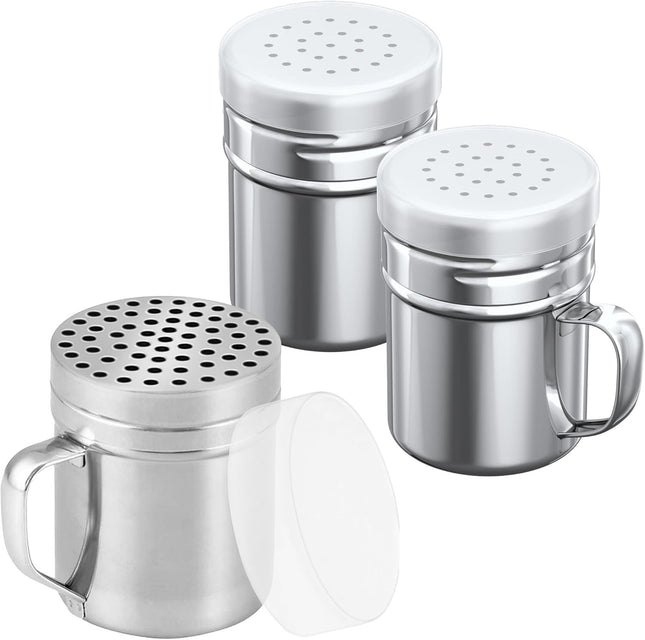 1-pc 10 oz Metal Parmesan Cheese Shaker (Large Holes) Plus 2-pcs 6 oz Metal Salt Pepper Dredge Shakers