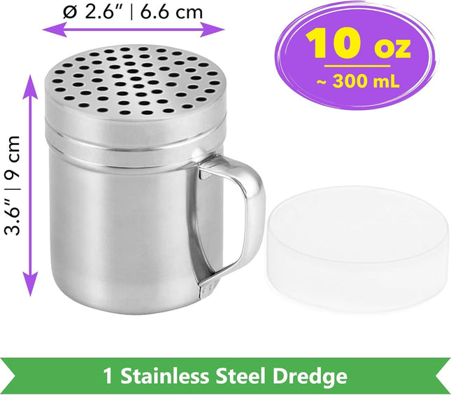 1-pc 10 oz Metal Parmesan Cheese Shaker (Large Holes) Plus 2-pcs 6 oz Metal Salt Pepper Dredge Shakers – product detail