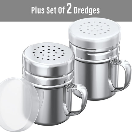 [1-pc] 10 oz Metal Parmesan Cheese Shaker (Large Holes) + [2-pcs] 6 oz Metal Salt Pepper Dredge Shakers - with Plastic Caps & Handles Bundle