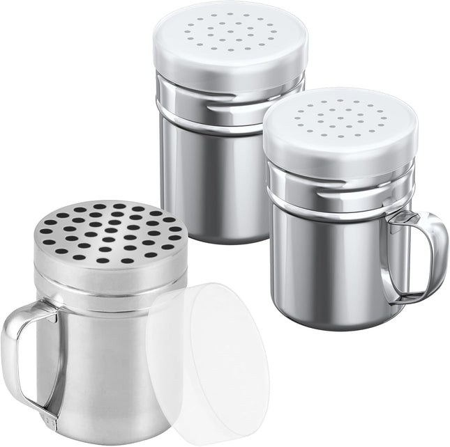 1-pc 6 oz Metal Parmesan Cheese Shaker (Large Holes) Plus 2-pcs 6 oz Metal Salt Pepper Dredge Shakers