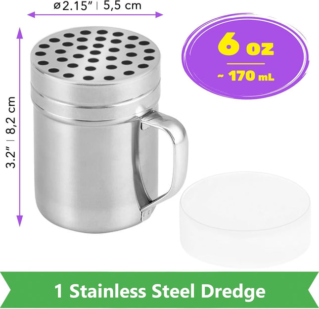 1-pc 6 oz Metal Parmesan Cheese Shaker (Large Holes) Plus 2-pcs 6 oz Metal Salt Pepper Dredge Shakers – product detail