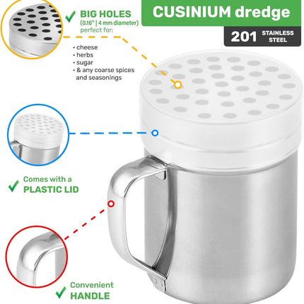 [1-pc] 6 oz Metal Parmesan Cheese Shaker (Large Holes) + [2-pcs] 6 oz Metal Salt Pepper Dredge Shakers - with Plastic Caps & Handles Bundle