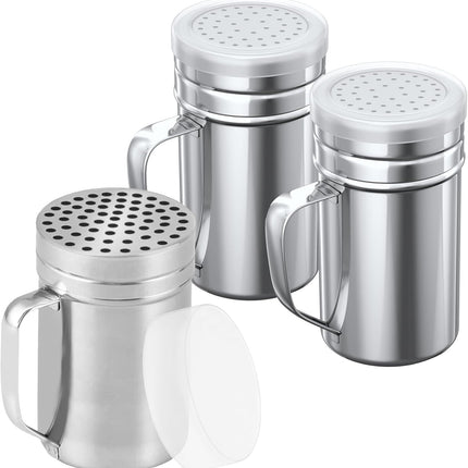 [1-pc] 14 oz Metal Parmesan Cheese Shaker (Large Holes) + [2-pcs] 14 oz Metal Salt Pepper Dredge Shakers - with Plastic Caps & Handles Bundle