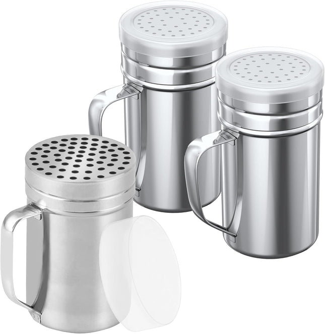 1-pc 14 oz Metal Parmesan Cheese Shaker (Large Holes) Plus 2-pcs 14 oz Metal Salt Pepper Dredge Shakers