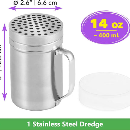 [1-pc] 14 oz Metal Parmesan Cheese Shaker (Large Holes) + [2-pcs] 14 oz Metal Salt Pepper Dredge Shakers - with Plastic Caps & Handles Bundle