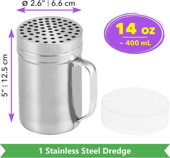 1-pc 14 oz Metal Parmesan Cheese Shaker (Large Holes) Plus 2-pcs 14 oz Metal Salt Pepper Dredge Shakers – product detail