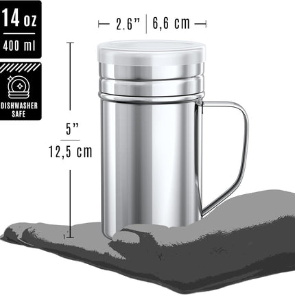 [1-pc] 14 oz Metal Parmesan Cheese Shaker (Large Holes) + [2-pcs] 14 oz Metal Salt Pepper Dredge Shakers - with Plastic Caps & Handles Bundle