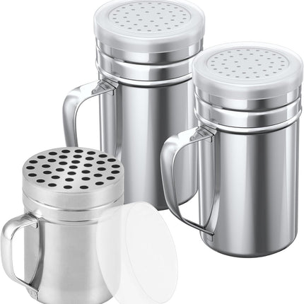 [1-pc] 6 oz Metal Parmesan Cheese Shaker (Large Holes) + [2-pcs] 14 oz Metal Salt Pepper Dredge Shakers - with Plastic Caps & Handles Bundle