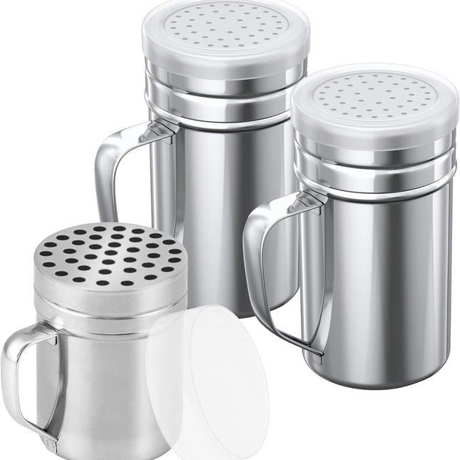 [1-pc] 6 oz Metal Parmesan Cheese Shaker (Large Holes) + [2-pcs] 14 oz Metal Salt Pepper Dredge Shakers - with Plastic Caps & Handles Bundle