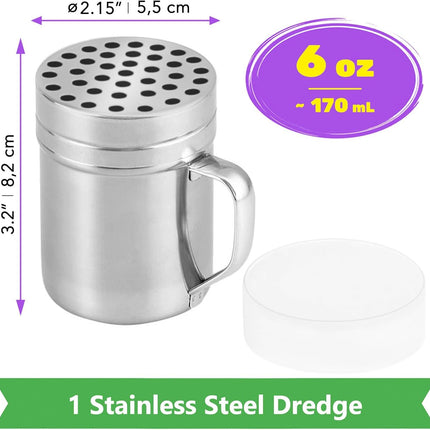[1-pc] 6 oz Metal Parmesan Cheese Shaker (Large Holes) + [2-pcs] 14 oz Metal Salt Pepper Dredge Shakers - with Plastic Caps & Handles Bundle