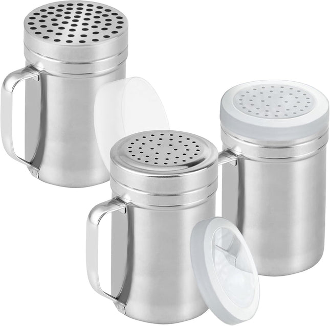 2-pcs 14 oz Large Metal Salt Pepper Dredge Shakers Plus 1-pcs 14 oz Metal Parmesan Cheese Shaker