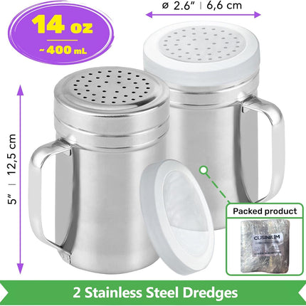 [2-pcs] 14 oz Large Metal Salt Pepper Dredge Shakers + [1-pcs] 14 oz Metal Parmesan Cheese Shaker - with Hadles and Caps Bundle