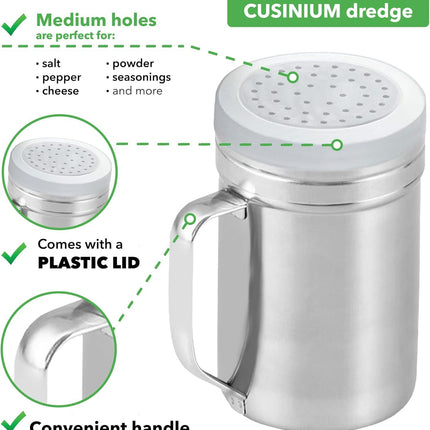 [2-pcs] 14 oz Large Metal Salt Pepper Dredge Shakers + [1-pcs] 14 oz Metal Parmesan Cheese Shaker - with Hadles and Caps Bundle