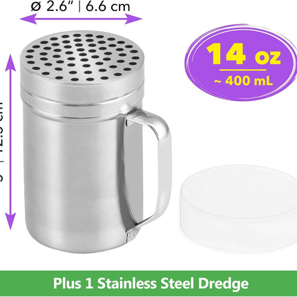 [2-pcs] 14 oz Large Metal Salt Pepper Dredge Shakers + [1-pcs] 14 oz Metal Parmesan Cheese Shaker - with Hadles and Caps Bundle