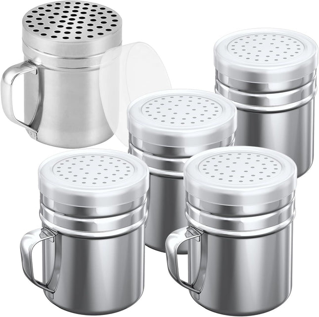 4-pcs 10oz Metal Salt Pepper Cooking Dredge Shakers (Medium Holes) Plus 1-pcs 10oz Metal Parmesan