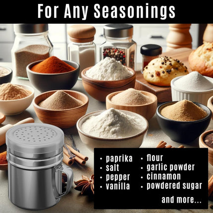 [4-pcs] 10oz Metal Salt Pepper Cooking Dredge Shakers (Medium Holes) + [1-pcs] 10oz Metal Parmesan Cheese Shaker (Large Holes) - with Plastic Caps and Handle