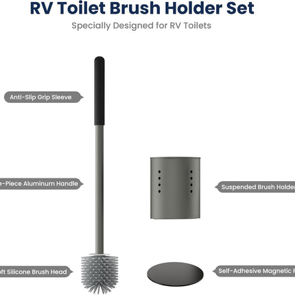 RV Toilet Brush and Holder Set- One-Piece Long Handle, Silicone Head, Magnetic Base- RV Bathroom Cleaning Kit, RV Essentials Accessories for Camper, Trailer, Motorhome