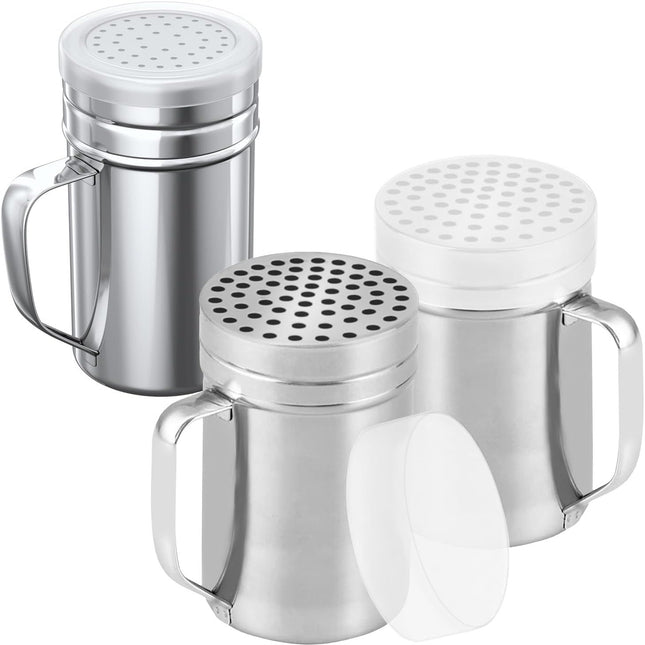 [2-pcs] 14oz Metal Parmesan Cheese Shakers (Large Holes) + [1-pcs] 14oz Stainless Steel Salt & Pepper Dredge Shaker (Medium Holes) - with Plastic Caps and Handles Bundle