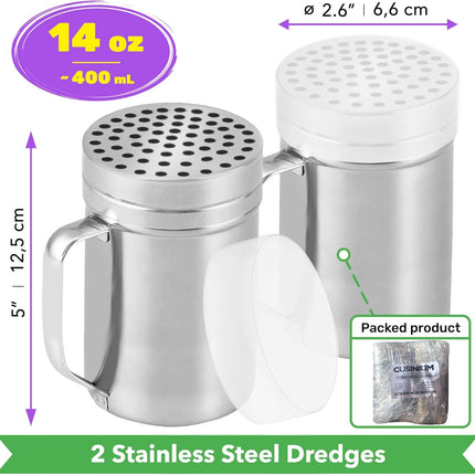 [2-pcs] 14oz Metal Parmesan Cheese Shakers (Large Holes) + [1-pcs] 14oz Stainless Steel Salt & Pepper Dredge Shaker (Medium Holes) - with Plastic Caps and Handles Bundle