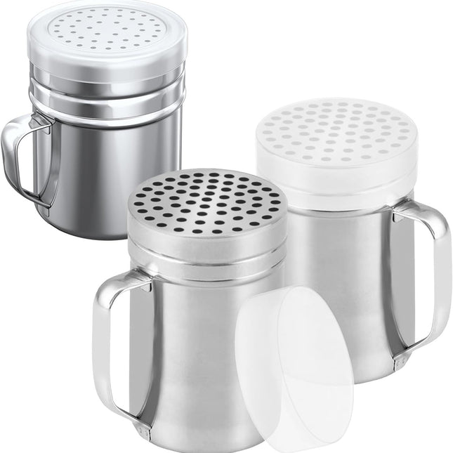 [2-pcs] 14oz Metal Parmesan Cheese Shakers (Large Holes) + [1-pcs] 10oz Stainless Steel Salt & Pepper Dredge Shaker (Medium Holes) - with Plastic Caps and Handles Bundle