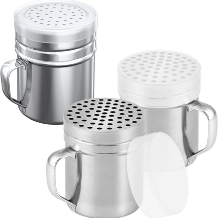 [2-pcs] 10oz Metal Parmesan Cheese Shakers (Large Holes) + [1-pcs] 10oz Stainless Steel Salt & Pepper Dredge Shaker (Medium Holes) - with Plastic Caps and Handles Bundle