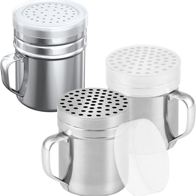 [2-pcs] 10oz Metal Parmesan Cheese Shakers (Large Holes) + [1-pcs] 10oz Stainless Steel Salt & Pepper Dredge Shaker (Medium Holes) - with Plastic Caps and Handles Bundle