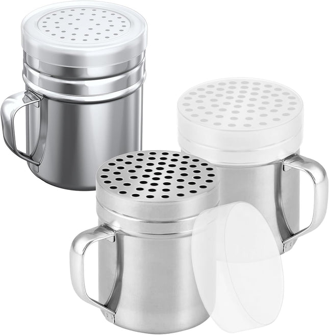 2-pcs 10oz Metal Parmesan Cheese Shakers (Large Holes) Plus 1-pcs 10oz Stainless Steel Salt &