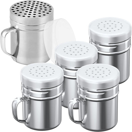 [4-pcs] 6oz Metal Salt Pepper Cooking Dredge Shakers (Medium Holes) + [1-pcs] 10oz Metal Parmesan Cheese Shaker (Large Holes) - with Plastic Caps and Handle