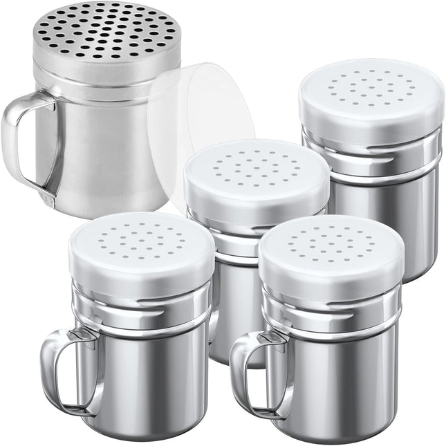 4-pcs 6oz Metal Salt Pepper Cooking Dredge Shakers (Medium Holes) Plus 1-pcs 10oz Metal Parmesan