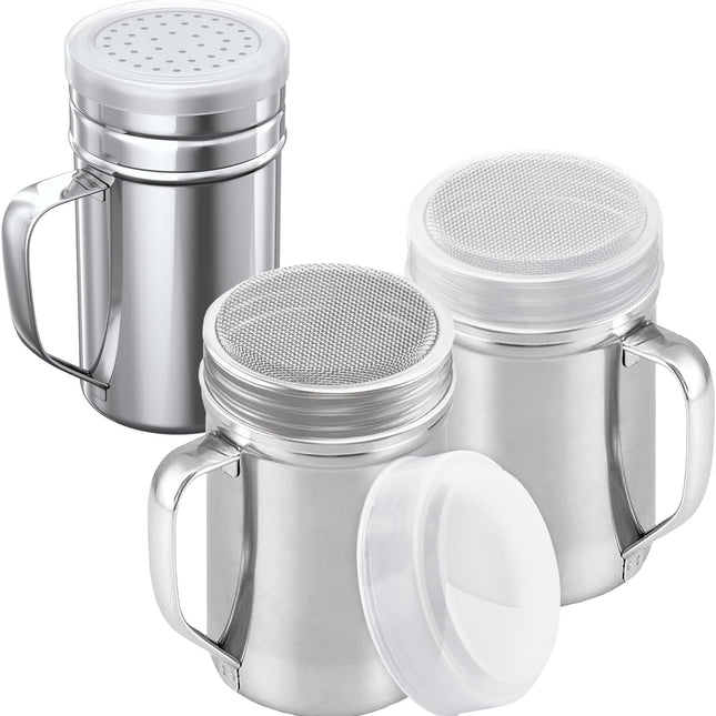[2-pcs] 14oz Large Powdered Sugar Shakers (ine Mesh) + [1-pcs] 14oz Stainless Steel Salt Pepper Dredge Shaker - with Plastic Caps & Handles Bundle