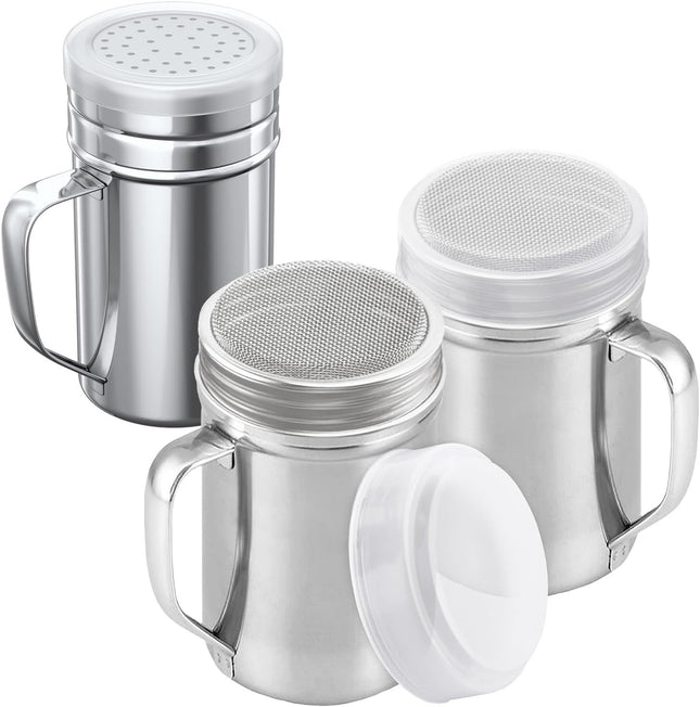 2-pcs 14oz Large Powdered Sugar Shakers (ine Mesh) Plus 1-pcs 14oz Stainless Steel Salt Pepper Dredge Shaker