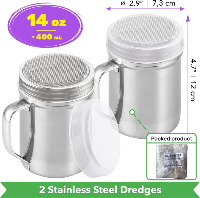 2-pcs 14oz Large Powdered Sugar Shakers (ine Mesh) Plus 1-pcs 14oz Stainless Steel Salt Pepper Dredge – product detail