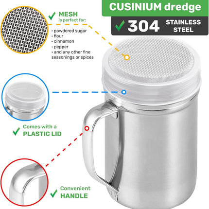 [2-pcs] 14oz Large Powdered Sugar Shakers (ine Mesh) + [1-pcs] 14oz Stainless Steel Salt Pepper Dredge Shaker - with Plastic Caps & Handles Bundle