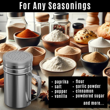 [2-pcs] 14oz Large Powdered Sugar Shakers (ine Mesh) + [1-pcs] 14oz Stainless Steel Salt Pepper Dredge Shaker - with Plastic Caps & Handles Bundle
