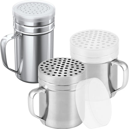 [2-pcs] 10oz Metal Parmesan Cheese Shakers (Large Holes) + [1-pcs] 14oz Stainless Steel Salt & Pepper Dredge Shaker (Medium Holes) - with Plastic Caps and Handles Bundle