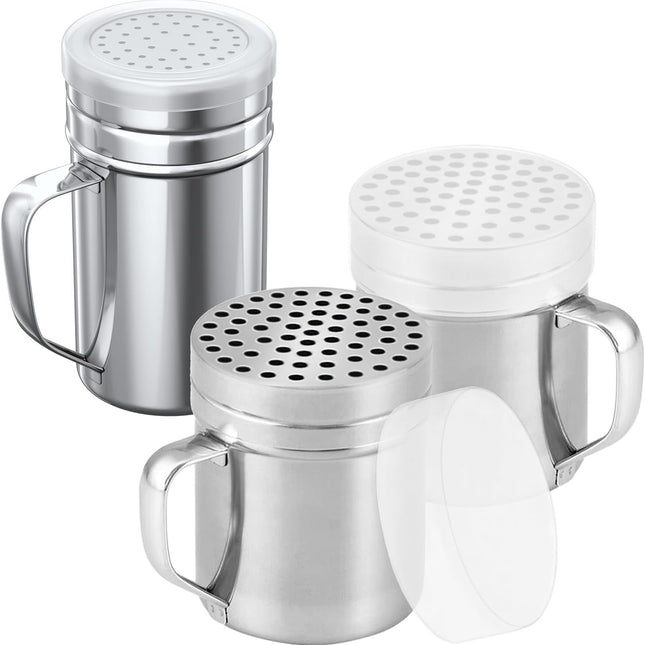 [2-pcs] 10oz Metal Parmesan Cheese Shakers (Large Holes) + [1-pcs] 14oz Stainless Steel Salt & Pepper Dredge Shaker (Medium Holes) - with Plastic Caps and Handles Bundle
