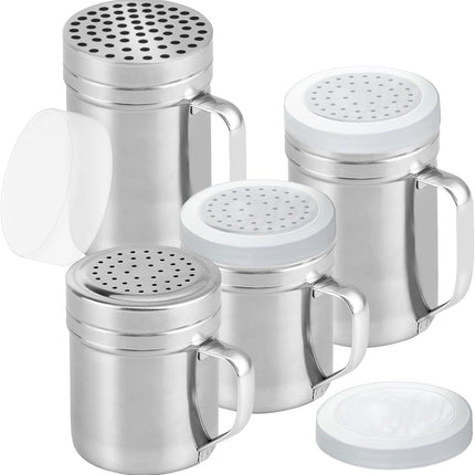 2 Stainless Steel Salt & Pepper Dredge (10 + 14 oz) + 14 ounce Metal Parmesan Cheese Shaker (Large Holes) - with Plastic Caps & Handles Bundle