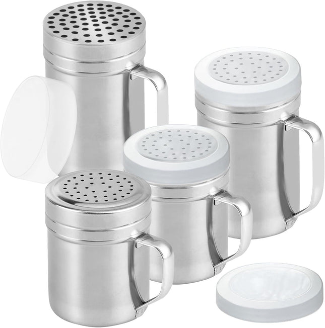 2 Stainless Steel Salt & Pepper Dredge (10 Plus 14 oz) Plus 14 ounce Metal Parmesan Cheese Shaker (Large